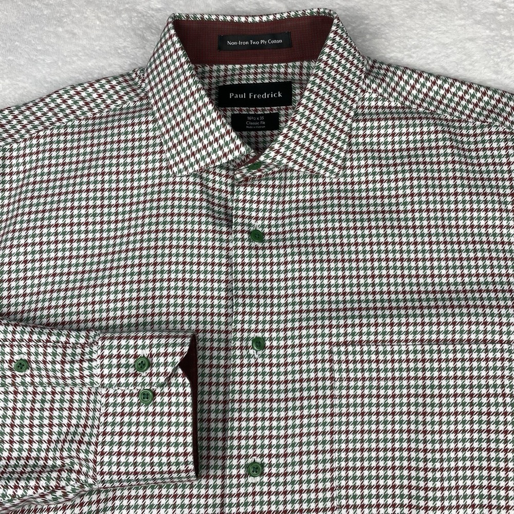 Paul Fredrick Dress Shirt Mens 16.5-35 Burgundy/Green Check Classic Fit No Iron
